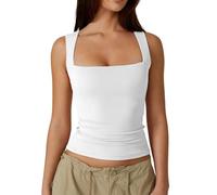 KOEMCY Camisetas Mujer Manga Slim Fit Sin Mangas Cuello Cuadrado Tops Señoras Crop Tank Top Color Sólido Sexy Tops Ligero Fitness para Yoga Deportivo (Blanco XL)
