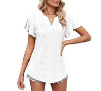 KOEMCY Blusa Mujer Manga Corta Bordado Cuello V Camiseta Verano Elegante Top Casual Blusas Moda Boho Transpirable Suelta Ropa para Mujer Basica