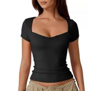 KOEMCY Camisetas Mujer Manga Corta Cuello Corazón en Slim Fit Media Manga Crop Tank Top Color Sólido Sexy Sport Tops Slim Fit Shirts para Yoga Deportivo (Negro XL)