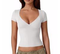 KOEMCY Camisetas Manga Corta para Mujer Verano Sexy Moda Y2k Slim Tops con Escote en Forma de Corazón Suave Crop Top Profundo Cuello en V Camisa Crop Tops(Blanco M)
