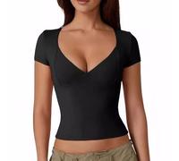 KOEMCY Camisetas Manga Corta para Mujer Verano Sexy Moda Y2k Slim Tops con Escote en Forma de Corazón Suave Crop Top Profundo Cuello en V Camisa Crop Tops(Negro M)