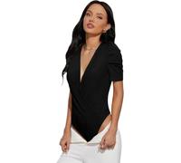 KOEMCY Body Manga Corta Mujer Bodysuit Elegante Cuello V Profundo Moldeador Vientre Plano Cruzado Camiseta Fit Monos Jumpsuit Reductor Body Mujer Sexy Top Moldeadora Ropa Verano