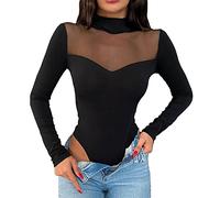KOEMCY Body Mujer Manga Larga Blusa Elegante Malla Mono Bodysuit Color Sólido Jumpsuit Bodies Vestir Casual Blusa Tops Ropa de Dormir Una Pieza (Negro,L)