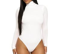 KOEMCY Body Mujer Manga Larga Cuello Alto Elegante Mono Color Sólido Jumpsuit Leotardo Una Sola Pieza Shapewear Cálida Tops Otoño Invierno (Blanco,S)