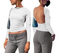 KOEMCY Camiseta Manga Larga Mujer Crop Tops Sexy Camiseta Corta sin Espalda Camisa de Corte Ajustado Pullover Blusa Y2k Streetwear Casual Tops Shirts (Blanco,S)