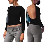 KOEMCY Camiseta Manga Larga Mujer Crop Tops Sexy Camiseta Corta sin Espalda Camisa de Corte Ajustado Pullover Blusa Y2k Streetwear Casual Tops Shirts (Negro,M)