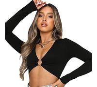 KOEMCY Camiseta Manga Larga Mujer Crop Tops Sexy Camisetas Cuello en V Camisa de Corte Ajustado Pullover Color Sólido Blusa Club Party Casual Tops (Negro,L)