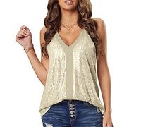 KOEMCY Camiseta sin Mangas Mujer Chaleco Sexy Cuello V Lentejuelas Blusas Casual Glitter Strappy Clubwear (Albaricoque,XL)
