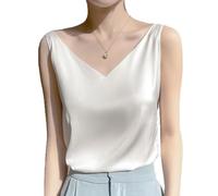 KOEMCY Camiseta Sin Mangas Mujer Cuello en V Satén Camisola Sexy Elegante T-Shirt Tank Tops Chaleco Top Camisa Blusa Básica Camisole Shirt Casual Cami Verano (Blanco,L)