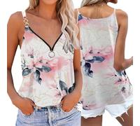 KOEMCY Camiseta Tirantes Mujer sin Mangas Cuello en V Verano Estampado Suelto Camisetas Elegante y Chic Mujer T Shirt(Rosa/M)