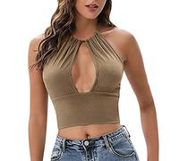 KOEMCY Camiseta Tirantes Mujer Tank Top Camisola Verano Cuello Halter Diseño Elegante Crop Top sin Mangas Blusa Acanalada Ropa Deportiva Tops Casuales para Mujer