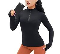 KOEMCY Camisetas de Manga Larga Mujer Camisetas Deportiva Chaquetas Corriendo Tops Sudadera de 1/4 Zip Pullover Casual Tops Blusas Fitness Yoga Ropa con Agujeros para los Pulgares (Negro,M)