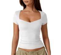 KOEMCY Camisetas Mujer Manga Corta Cuello Corazón en Slim Fit Media Manga Crop Tank Top Color Sólido Sexy Sport Tops Slim Fit Shirts para Yoga Deportivo (Blanco M)