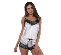 KOEMCY Conjunto de Pijama Mujer Tirantes Encaje Satén Elegante Pijamas Sexy Corto Camisola con Shorts Ropa de Dormir Suave Cómodo para Verano Primavera Otoño