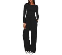 KOEMCY Conjunto Deportivo Mujer 2 Piezas Manga Larga y Pantalón Recto Salón de Cómodo Moda Color Sólido con Bolsillo Traje Deporte (Negro/M)