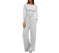 KOEMCY Conjunto Deportivo Mujer 2 Piezas Manga Larga y Pantalón Recto Salón de Cómodo Moda Color Sólido con Bolsillo Traje Deporte (Gris claro/XL)
