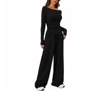 KOEMCY Conjunto Deportivo Mujer 2 Piezas Sudaderas Manga Larga y Pantalón Anchos Rectos con Bolsillo Cómodo Moda Color Sólido Mono para Fitness Jogging (Negro/S)