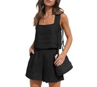 KOEMCY Conjunto Deportivo Mujer De Lino 2 Piezas Cuello Cuadrado Sin Mangas Pantalones Cortos y Crop Top Casual Lounge Ropa Verano para Hogar Calle Viaje Vacación Negro(L)