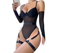 KOEMCY Conjuntos de Lencería Sexy Mujer con Liguero Teddy Lingerie Escote V Camisa Babydoll Femenina Una Pieza Bodysuit Eróticas Babydoll Picardias con Ligas de Muslo Ropa Interior