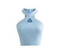 KOEMCY Crop Top Mujer, Camisola Camiseta sin Mangas Mujer Verano Sexy Calado Entrecruzado Tank Tops Elegante Corto Informal de Color Sólido Chaleco (Azul)