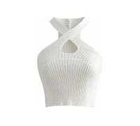KOEMCY Crop Top Mujer, Camisola Camiseta sin Mangas Mujer Verano Sexy Calado Entrecruzado Tank Tops Elegante Corto Informal de Color Sólido Chaleco (Blanco)