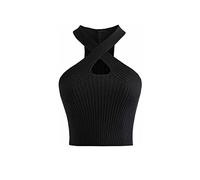 KOEMCY Crop Top Mujer, Camisola Camiseta sin Mangas Mujer Verano Sexy Calado Entrecruzado Tank Tops Elegante Corto Informal de Color Sólido Chaleco (Negro)