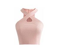 KOEMCY Crop Top Mujer, Camisola Camiseta sin Mangas Mujer Verano Sexy Calado Entrecruzado Tank Tops Elegante Corto Informal de Color Sólido Chaleco (Rosa)