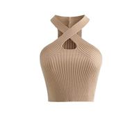 KOEMCY Crop Top Mujer, Camisola Camiseta sin Mangas Mujer Verano Sexy Calado Entrecruzado Tank Tops Elegante Corto Informal de Color Sólido Chaleco (Caqui)