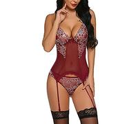 KOEMCY Lencería Mujer Sexy Body de Encaje Cuello V Conjunto Babydoll Transparente con Tanga y Liguero (Rojo, S)