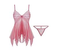 KOEMCY Lencería Mujer Sexy Body de Encaje Lenceria Cuello V Conjunto de Lencería Babydoll Lenceria Erótica Pijama Camisón de Encaje Ropa Interior con Tanga Vestido De Dormir (Loto Rosa)