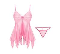 KOEMCY Lencería Mujer Sexy Body de Encaje Lenceria Cuello V Conjunto de Lencería Babydoll Lenceria Erótica Pijama Camisón de Encaje Ropa Interior con Tanga Vestido De Dormir (Rosa)