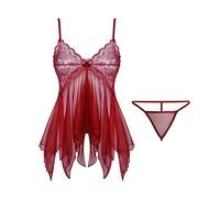 KOEMCY Lencería Mujer Sexy Body de Encaje Lenceria Cuello V Conjunto de Lencería Babydoll Lenceria Erótica Pijama Camisón de Encaje Ropa Interior con Tanga Vestido De Dormir (Rojo)