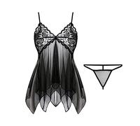 KOEMCY Lencería Mujer Sexy Body de Encaje Lenceria Cuello V Conjunto de Lencería Babydoll Lenceria Erótica Pijama Camisón de Encaje Ropa Interior con Tanga Vestido De Dormir (Negro)