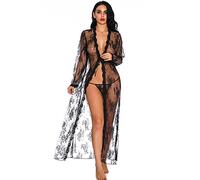 KOEMCY Lencería para Mujer Sexy Encaje Pijama Transparente Cárdigans Ropa de Dormir Túnica Eróticas Lencería Cover ups (Negro,S)