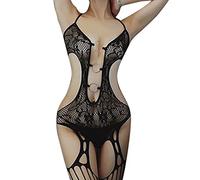 KOEMCY Lencería Mujer Sexy Body de Encaje Lenceria Cuello V Conjunto de Lencería Espalda Abierta Teddy Babydoll Lencería Encaje Body Lencería Conjunto de Lencería con Liguero (Negro)