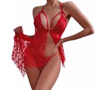 KOEMCY Ropa de Dormir Conjunto para Mujer Sexy Atractiva Escotado Pijama de Encaje Cuello V Semi Transparente Babydoll Ropa Dormir Teddy Chemise Minifalda con Tanga