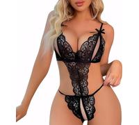 KOEMCY Body Seductor de Encaje para Mujer Picardías Sexy Conjunto de Lencería Cuello en V Bodysuit Pijamas Ropa de Dormir Seductor Sin Espalda Sexy Babydoll Manga
