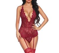 KOEMCY Lingerie Sexy Mujer Eróticos Body Encaje Transparente Lenceria Hot Teddy Ropa Interior Conjunto Picardias con Ligueros Elegante Babydoll Camisón Seductor
