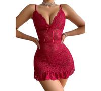 KOEMCY Lenceria Mujer Sexy Erótico Cuello en V Profundo Encaje Transparente Vestido Camisones con Tanga para Fiesta Aniversario y San Valentín (Rojo Burdeos/L)