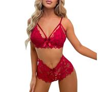 KOEMCY Conjunto Lencería Mujer Sexy Bordado Floral Encaje Ropa Interior 2 Piezas Sujetador con Aros y Tanga Lenceria Romántica Malla Transparente Picardias Ropa Dormir(Rojo/S)