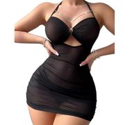 KOEMCY Lingerie Sexy Mujer Eróticos Vestido Transparente Halter con Cadena Decorativa Ropa Interior Body Camisones Sexys Conjunto Lenceria Hot Mini Vestido Elegante para Noche Especial