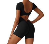 KOEMCY Mono Corto Mujer Jumpsuit Deportivo Manga Corta Ajustado Monos de Verano Fitness Enterizo Elegante Conjunto Deporte Yoga Playa Entrenamiento Casual(Negro/L)