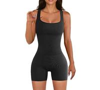 KOEMCY Mono Deportivo Mujer Corto sin Mangas Cuello Cuadrado Jumpsuit Body Traje Una Pieza Deporte Bodycon Pantalones Bodysuit para Gimnasio Yoga (Negro, S)