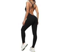 KOEMCY Mono para Mujer Descubierta Ropa Deportiva Jumpsuit Un Pieza sin Espalda Bodysuit para Yoga Gimnasio (Negro, L)