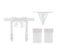 KOEMCY Mujer Liguero Sexy Arco Liga de Cintura Alta Sin Costuras Ligas para Muslo Medias Altas y 4 Ligas Ajustables con Tanga y Medias (Blanco)