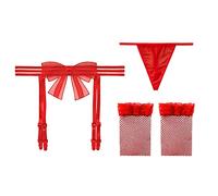 KOEMCY Mujer Liguero Sexy Arco Liga de Cintura Alta Sin Costuras Ligas para Muslo Medias Altas y 4 Ligas Ajustables con Tanga y Medias (Rojo)