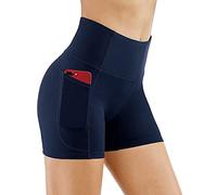 KOEMCY Pantalones Cortos Deportivos para Mujer Leggins Cintura Alta Shorts Mallas Elásticas Leggins con Bolsillos Running Pantalones Cortos de Yoga para Fitness Deporte Running Ciclismo (Azul, S)