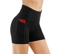 KOEMCY Pantalones Cortos Deportivos para Mujer Leggins Cintura Alta Shorts Mallas Elásticas Leggins con Bolsillos Running Pantalones Cortos de Yoga para Fitness Deporte Running Ciclismo (Negro, S)