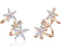 KOEMCY Pendientes Trepadores Flor Cristal Brillante Plata Elegantes Aretes Mujer Joyería Doble Margarita Circonita