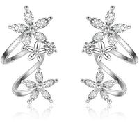 KOEMCY Pendientes Trepadores Flor Cristal Brillante Plata Elegantes Aretes Mujer Joyería Doble Margarita Circonita